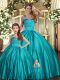 Sleeveless Satin Floor Length Lace Up Quinceanera Gowns in Teal with Ruching