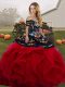 Lovely Red And Black Tulle Lace Up Off The Shoulder Sleeveless Floor Length Sweet 16 Dress Embroidery and Ruffles