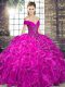 Fitting Fuchsia Sleeveless Organza Lace Up Quinceanera Dresses for Military Ball and Sweet 16 and Quinceanera