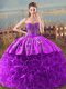 Pretty Sweetheart Sleeveless Sweet 16 Dresses Brush Train Embroidery and Ruffles Eggplant Purple and Purple Fabric With Rolling Flowers