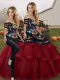Wine Red Sleeveless Brush Train Embroidery and Ruffled Layers Quinceanera Gowns
