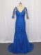 Hot Sale Blue Mother Of The Bride Dress Tulle Brush Train 3 4 Length Sleeve Lace and Appliques