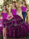 Fuchsia Organza Lace Up Halter Top Sleeveless Floor Length Quinceanera Dresses Embroidery and Ruffles