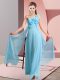 Decent Aqua Blue Empire One Shoulder Sleeveless Chiffon Floor Length Lace Up Hand Made Flower Wedding Guest Dresses