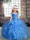 New Arrival Blue Ball Gowns Straps Sleeveless Organza Floor Length Lace Up Beading and Ruching Little Girl Pageant Gowns