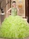 Chic Yellow Green Sleeveless Floor Length Beading and Ruffles and Pick Ups Lace Up Quinceanera Gown