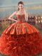 Orange Red Sweetheart Lace Up Embroidery and Ruffles Sweet 16 Dresses Brush Train Sleeveless
