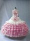 Traditional Embroidery and Ruffled Layers and Bowknot Sweet 16 Dresses Pink And White Lace Up Sleeveless Floor Length