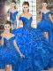 Most Popular Royal Blue Ball Gowns Beading and Ruffles Quinceanera Dress Lace Up Organza Sleeveless Floor Length