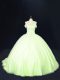 Modern Off The Shoulder Sleeveless 15th Birthday Dress Court Train Beading Yellow Green Tulle