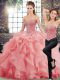 Beading and Ruffles Quinceanera Gowns Watermelon Red Lace Up Sleeveless Brush Train