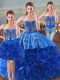 New Style Royal Blue Fabric With Rolling Flowers Lace Up Sweetheart Sleeveless Floor Length Sweet 16 Quinceanera Dress Embroidery and Ruffles