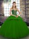 Flirting Sleeveless Floor Length Beading and Appliques Lace Up Quinceanera Gown with Green