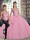 Smart Floor Length Pink Quinceanera Dresses Tulle Sleeveless Embroidery