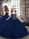 Ball Gowns Little Girls Pageant Gowns Navy Blue Straps Tulle Sleeveless Floor Length Lace Up