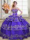 Sweetheart Sleeveless Quinceanera Dresses Floor Length Embroidery and Ruffled Layers Purple Satin and Organza