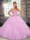 Custom Made Beading and Ruffled Layers Quinceanera Dresses Lilac Lace Up Sleeveless Brush Train