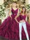 Burgundy Sleeveless Floor Length Beading and Ruffles Backless Ball Gown Prom Dress