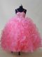 Floor Length Lace Up Pageant Gowns For Girls Pink for Wedding Party with Beading and Ruffles