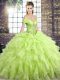 Captivating Sleeveless Organza Brush Train Lace Up Quinceanera Gown in Yellow Green with Beading and Ruffles