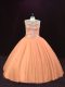 Delicate Sleeveless Tulle Floor Length Lace Up Quinceanera Dresses in Peach with Beading