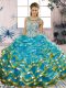 Blue Sleeveless Beading and Ruffles Floor Length Quince Ball Gowns