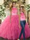 Glamorous Two Pieces Quinceanera Dresses Hot Pink Halter Top Tulle Sleeveless Floor Length Backless