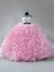 Fabric With Rolling Flowers Sleeveless Quince Ball Gowns Brush Train and Beading and Ruffles