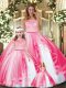 Hot Pink Scoop Neckline Lace and Ruffles Quince Ball Gowns Sleeveless Clasp Handle