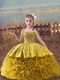 Most Popular Gold Fabric With Rolling Flowers Lace Up Little Girls Pageant Dress Sleeveless Sweep Train Embroidery