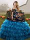 Cute Blue And Black Ball Gowns Embroidery and Ruffled Layers Sweet 16 Dresses Lace Up Organza Sleeveless Floor Length