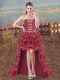Burgundy Organza Lace Up Pageant Dress for Womens Sleeveless High Low Embroidery and Ruffles