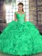 Off The Shoulder Sleeveless 15 Quinceanera Dress Floor Length Beading and Ruffles Turquoise Organza