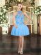 Comfortable Sleeveless Mini Length Embroidery Lace Up Womens Party Dresses with Aqua Blue