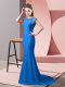 Blue Mermaid High-neck Short Sleeves Elastic Woven Satin Brush Train Backless Beading Prom Evening Gown