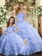 High Quality Floor Length Lavender Quinceanera Gown Organza Sleeveless Ruffled Layers