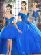 Admirable Royal Blue Off The Shoulder Lace Up Beading Quince Ball Gowns Brush Train Sleeveless
