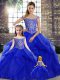Shining Royal Blue Tulle Lace Up 15th Birthday Dress Sleeveless Brush Train Beading and Ruffles