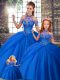Blue Sweet 16 Quinceanera Dress Military Ball and Sweet 16 and Quinceanera with Beading and Pick Ups Halter Top Sleeveless Brush Train Lace Up