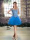 Delicate Sleeveless Tulle Mini Length Lace Up Party Dress for Girls in Blue with Beading and Ruffles