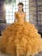 Orange Lace Up Quinceanera Dress Beading and Ruffles and Pick Ups Sleeveless Floor Length