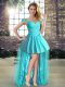 Free and Easy High Low Lace Up Cocktail Dresses Aqua Blue for Prom and Party with Beading