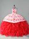 Halter Top Sleeveless Sweet 16 Dresses Court Train Embroidery and Ruffles Red Organza