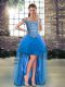 Customized Blue Sleeveless Beading and Ruffles High Low Homecoming Party Dress