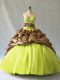 Deluxe Yellow Green Organza and Printed Lace Up Ball Gown Prom Dress Sleeveless Brush Train Beading