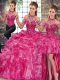 Fuchsia Three Pieces Halter Top Sleeveless Organza Floor Length Lace Up Beading and Ruffles Vestidos de Quinceanera