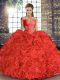 Custom Fit Coral Red Ball Gowns Organza Off The Shoulder Sleeveless Beading and Ruffles Floor Length Lace Up Quinceanera Gowns