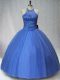 Blue Tulle Lace Up Halter Top Sleeveless Floor Length Ball Gown Prom Dress Beading