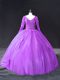 Purple Lace Up V-neck Lace and Appliques Sweet 16 Dress Tulle Long Sleeves
