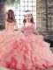 Sleeveless Tulle Floor Length Lace Up Little Girls Pageant Gowns in Watermelon Red with Beading and Ruffles